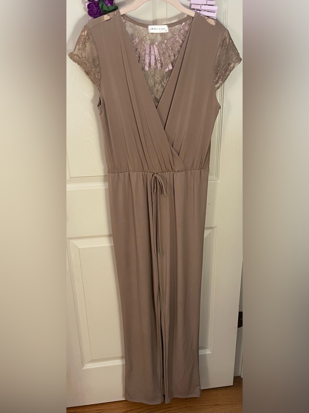 Sleeveless Taupe Wrap Jumpsuit Dress with Drawstring Waist